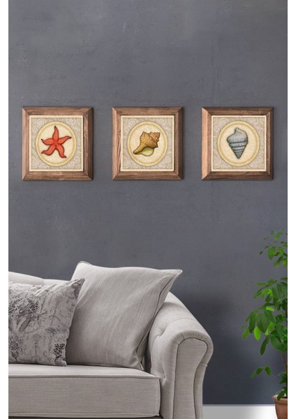 Turuncu 3'lü Ahşap Çerçeveli Taş Tablo Seti 28X28 cm Deniz, Mari, Kabuk, Yıldız