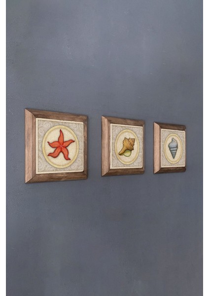 Turuncu 3'lü Ahşap Çerçeveli Taş Tablo Seti 28X28 cm Deniz, Mari, Kabuk, Yıldız fiyatları