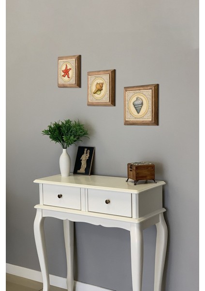 Turuncu 3'lü Ahşap Çerçeveli Taş Tablo Seti 28X28 cm Deniz, Mari, Kabuk, Yıldız fırsatları