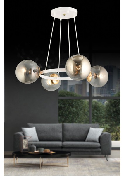 4'lü Füme Glop Camlı Modern Halka Avize, Şık ve Şık Aydınlatma Seçeneği