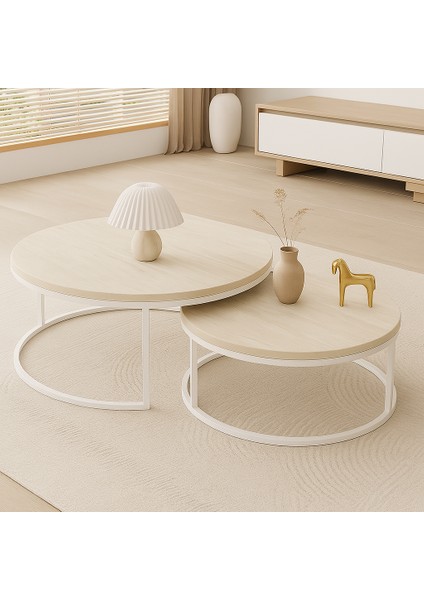 Ikili Orta Sehpa Beyaz Metal Traverten Üst Panel