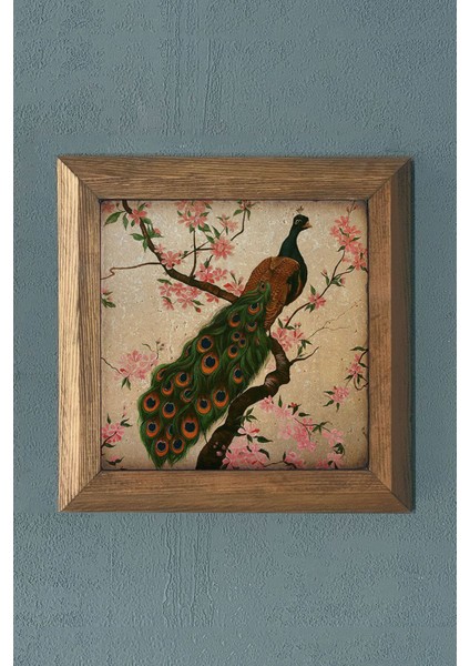 Masif Çerçeveli Tavus Kuşu Taş Tablo - Duvar Dekoru 28X28 cm