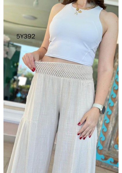 Kadın Bel Kopenaklı Bacak Müslin Detaylı Çift Cepli Paçası File Detaylı Bol Paça %100 Pamuk Pantolon Etek