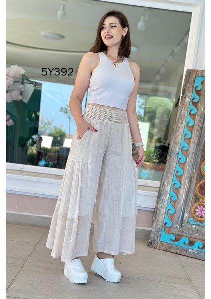 Kadın Bel Kopenaklı Bacak Müslin Detaylı Çift Cepli Paçası File Detaylı Bol Paça %100 Pamuk Pantolon Etek fiyatları