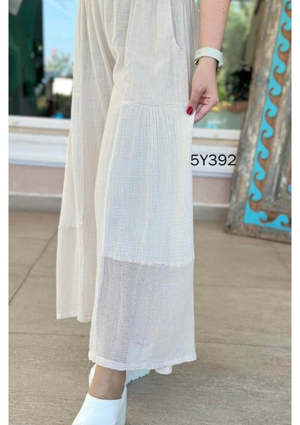 Kadın Bel Kopenaklı Bacak Müslin Detaylı Çift Cepli Paçası File Detaylı Bol Paça %100 Pamuk Pantolon Etek modelleri