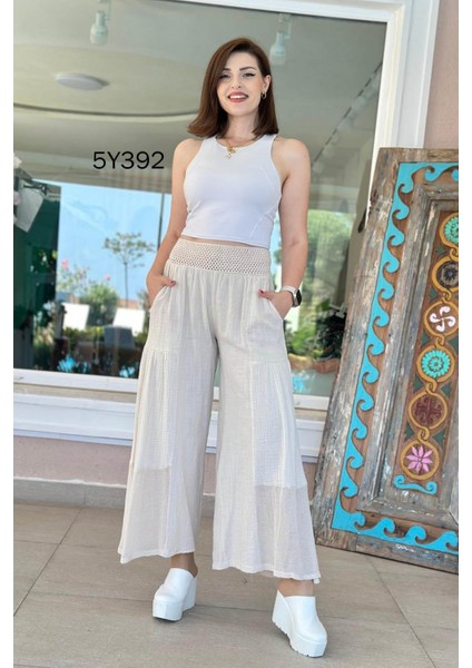 Kadın Bel Kopenaklı Bacak Müslin Detaylı Çift Cepli Paçası File Detaylı Bol Paça %100 Pamuk Pantolon Etek fırsatları