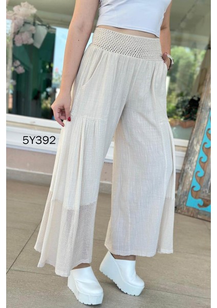 Kadın Bel Kopenaklı Bacak Müslin Detaylı Çift Cepli Paçası File Detaylı Bol Paça %100 Pamuk Pantolon Etek indirimleri