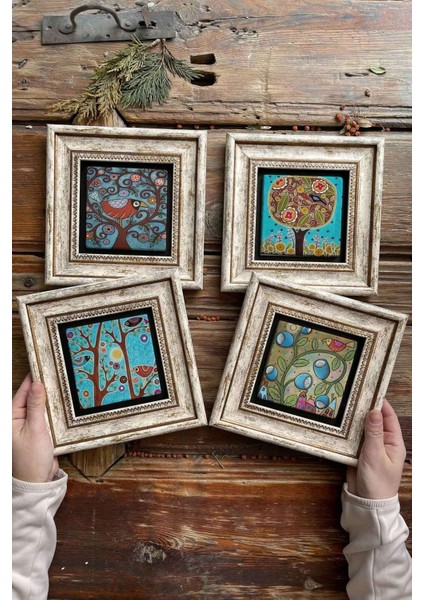 Renkli 4'lü Taş Tablo Seti, 20X20CM, Deniz Atı ve Deniz Yıldızı Temalı Dekor