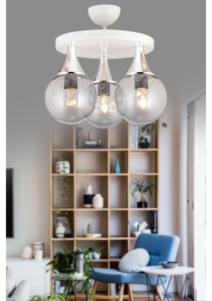 Şık 3'lü Plafonyer, Füme Glop Cam, Krom Detaylı, Aşağı Bakan Modern Avize