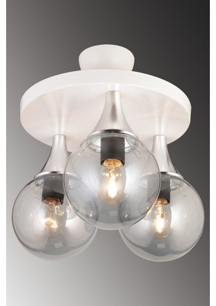 Şık 3'lü Plafonyer, Füme Glop Cam, Krom Detaylı, Aşağı Bakan Modern Avize modelleri