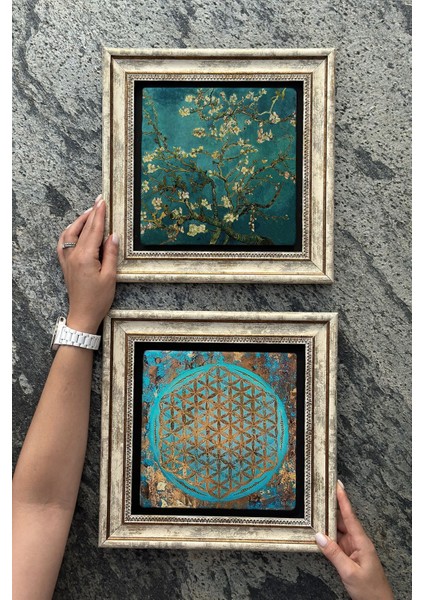 Çerçeveli Taş Duvar Dekoru, 30X30CM, 2'li Set, Yaşam ve Badem Ağacı Temalı