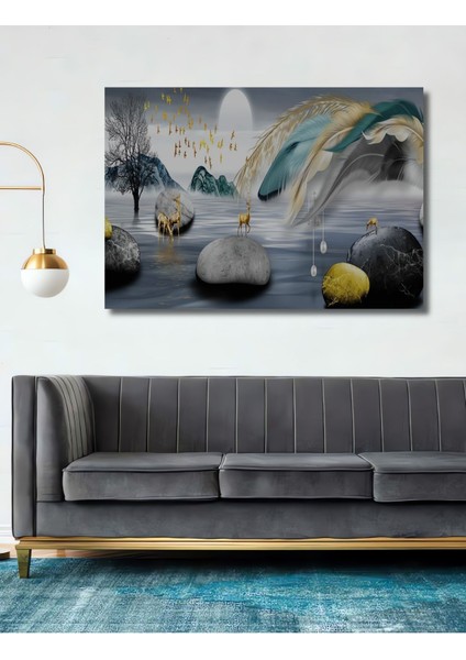 Modern Soyut Manzara Temalı Altın Detaylı Ahşap Tablo, Ev ve Ofis Dekoru Için Ideal