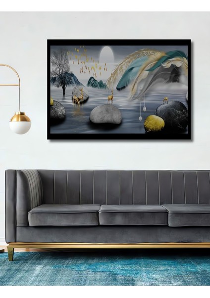Modern Soyut Manzara Temalı Altın Detaylı Ahşap Tablo, Ev ve Ofis Dekoru Için Ideal fiyatları