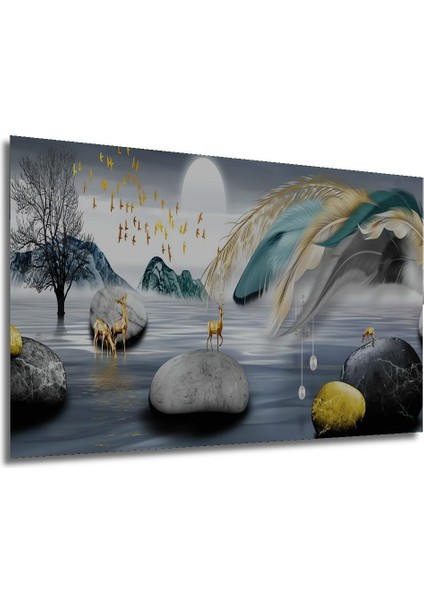 Modern Soyut Manzara Temalı Altın Detaylı Ahşap Tablo, Ev ve Ofis Dekoru Için Ideal modelleri