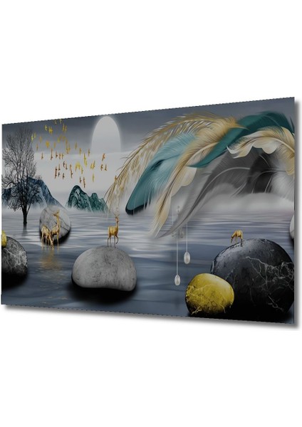 Modern Soyut Manzara Temalı Altın Detaylı Ahşap Tablo, Ev ve Ofis Dekoru Için Ideal fırsatları