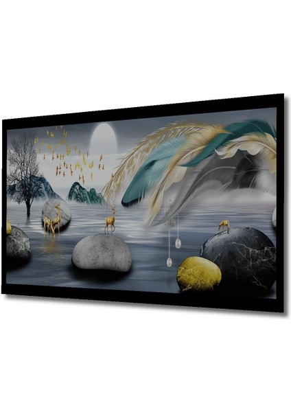 Modern Soyut Manzara Temalı Altın Detaylı Ahşap Tablo, Ev ve Ofis Dekoru Için Ideal indirimleri