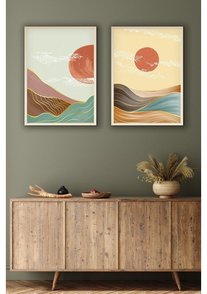 Renkli Ahşap Çerçeveli 2'li Modern Tablo Seti, Şık ve Zarif Dekorasyon Parçası