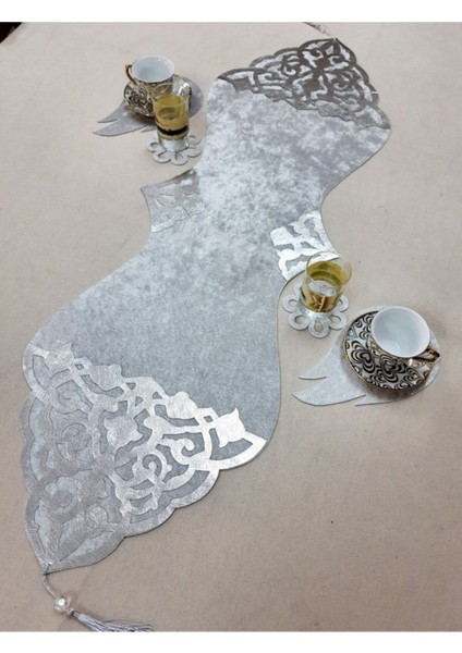 Kadife 5 Parça Masa ve Sehpa Örtüsü, Gri, Şık ve Zarif Tasarım