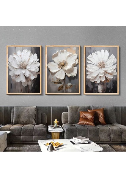 Kahverengi Ahşap Çerçeveli 3'lü Soyut Tablo, Ev ve Salon Dekorasyonu Için Şık Seçim