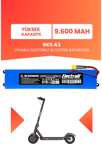 Rks A3 Uyumlu Batarya (Yüksek Kapasite) 36V 9.600MAH Elektrikli Scooter Bataryası