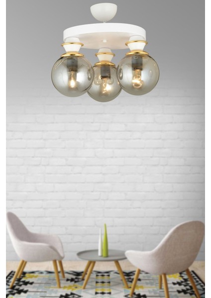 Şık Beyaz 3'lü Cam Top Plafonyer Aşağı Bakan Lüks Avize