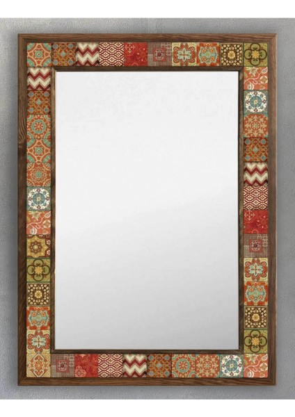 Morocco Bohem Ahşap Çerçeveli Mozaik Ayna 53X73 Cm, Seramik Desenli, Canlı ve Şık