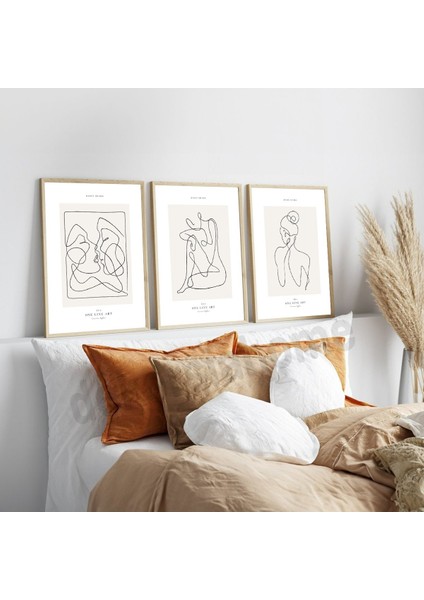 Şık Bej Ahşap Çerçeveli 3'lü Modern Tablo Seti
