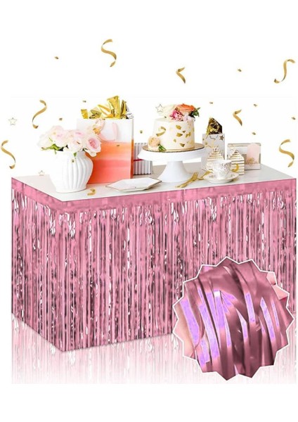 Nessiworld Kendinden Yapışkanlı Rose Gold Metalize Püsküllü Masa Eteği – 75 x 275 cm Parti Süslemesi