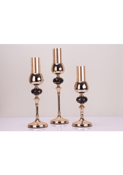 Şık Kristal Taşlı Ayaklı Gold Şamdan Seti, 3'lü, Siyah Renkli, Zarif Tasarım fiyatları