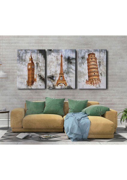 3'lü Kanvas Tablo Seti, Renkli ve Modern Dekoratif Kuleler