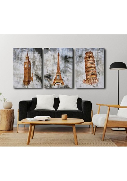 3'lü Kanvas Tablo Seti, Renkli ve Modern Dekoratif Kuleler modelleri