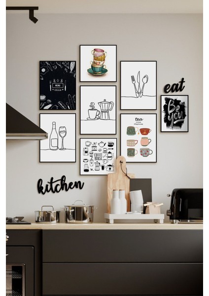 Dekoratif Ahşap 10'lu Mutfak ve Kitchen Yazılı Tablo Seti, Siyah Renk