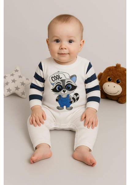 Lacivert Çizgili Rakun Baskılı Bebek Tulum – %100 Pamuk