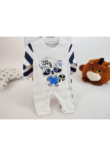 Lacivert Çizgili Rakun Baskılı Bebek Tulum – %100 Pamuk fiyatları