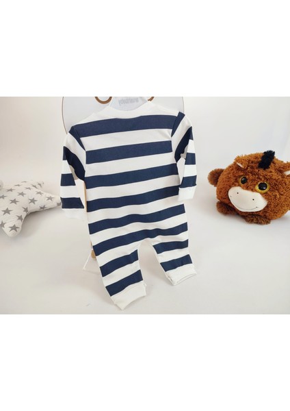 Lacivert Çizgili Rakun Baskılı Bebek Tulum – %100 Pamuk modelleri