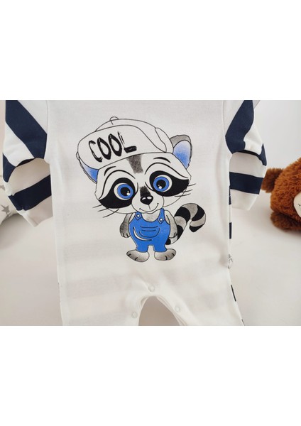 Lacivert Çizgili Rakun Baskılı Bebek Tulum – %100 Pamuk fırsatları