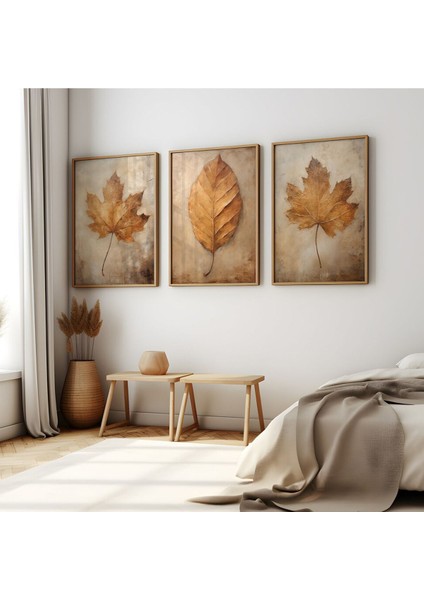 Ahşap Çerçeveli Tablo Seti, Sarı Yaprak Deseni, Şık ve Doğal Dekorasyon Parçası