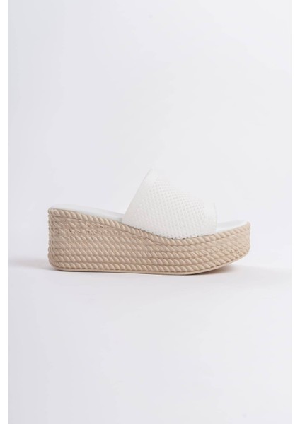 Elına Dolgu Topuklu Ortopedik Taban Hasır Görünümlü Triko Kadın Terlik Kt Beyaz modelleri