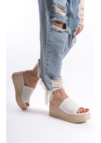 Elına Dolgu Topuklu Ortopedik Taban Hasır Görünümlü Triko Kadın Terlik Kt Beyaz fırsatları