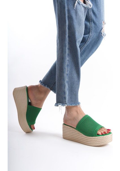 Elına Dolgu Topuklu Ortopedik Taban Hasır Görünümlü Triko Kadın Terlik Kt Yeşil fırsatları