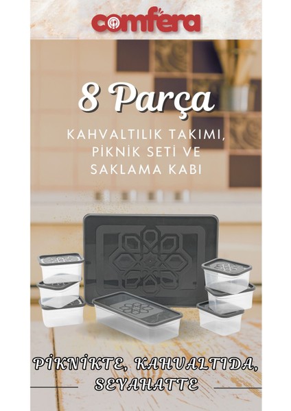 8 Parça Sızdırmaz Plastik Kahvaltı ve Saklama Kabı Seti, Buzluk Uyumlu, Gri