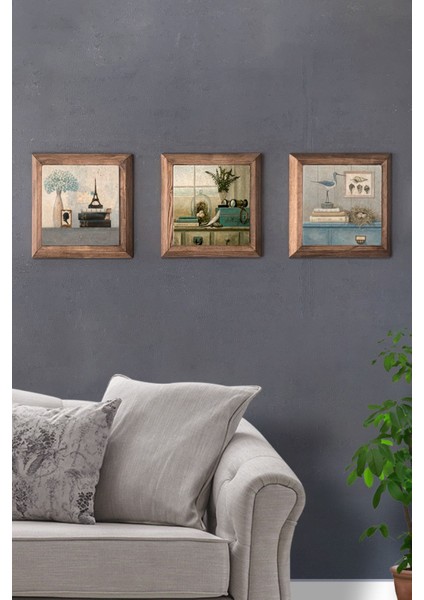 Turuncu 3'lü Ahşap Çerçeveli Taş Pano, 28X28 Cm, Salon ve Saksı Çiçeği Dekoru