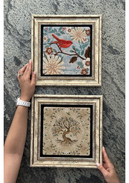Renkli Taş Duvar Dekoru Tablo 30X30CM 2'li Set Hayat Ağacı ve Kuşler