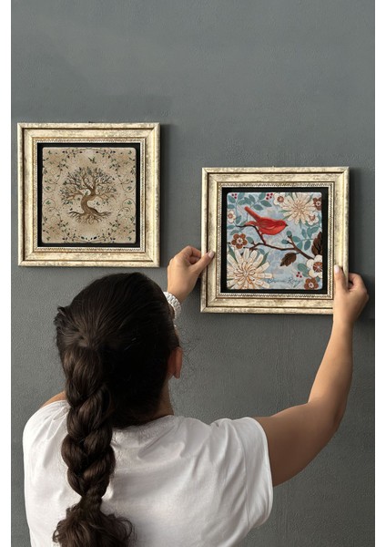 Renkli Taş Duvar Dekoru Tablo 30X30CM 2'li Set Hayat Ağacı ve Kuşler fiyatları