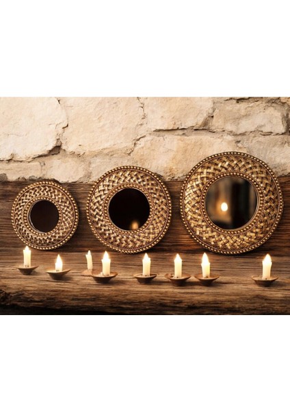 Şık Yuvarlak Hasırlı Üçlü Ayna Takımı, Gold Eskitme, Dekoratif Tasarım