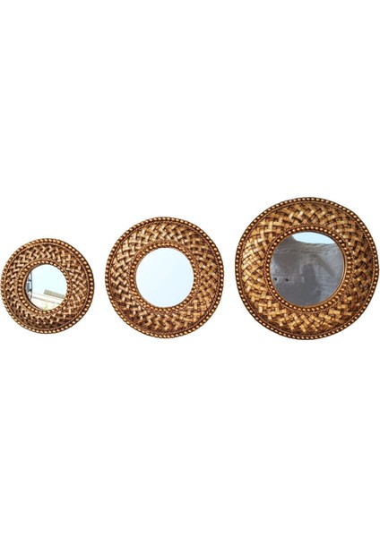 Şık Yuvarlak Hasırlı Üçlü Ayna Takımı, Gold Eskitme, Dekoratif Tasarım