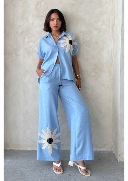 Daisy Dream Kadın Mavi Çiçek Aplike Gömlek & Bol Paça Pantolon Takım – Zarif Yazlık Kombin