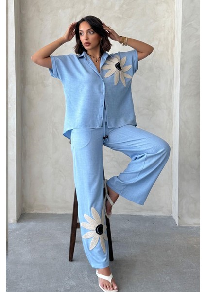 Daisy Dream Kadın Mavi Çiçek Aplike Gömlek & Bol Paça Pantolon Takım – Zarif Yazlık Kombin fiyatları