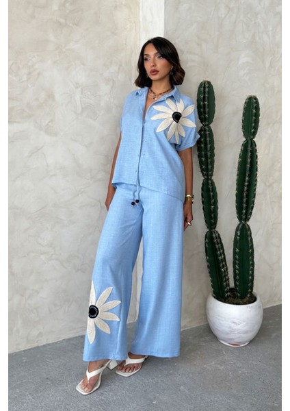 Daisy Dream Kadın Mavi Çiçek Aplike Gömlek & Bol Paça Pantolon Takım – Zarif Yazlık Kombin modelleri
