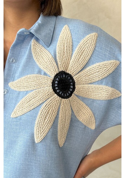 Daisy Dream Kadın Mavi Çiçek Aplike Gömlek & Bol Paça Pantolon Takım – Zarif Yazlık Kombin fırsatları